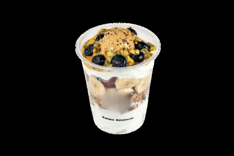 Froyo parfait with banana, blueberries and passion fruit